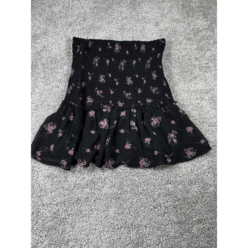 Streetwear Society Black Pink Floral Smocked Ruffle Mini Skirt Womens Medium